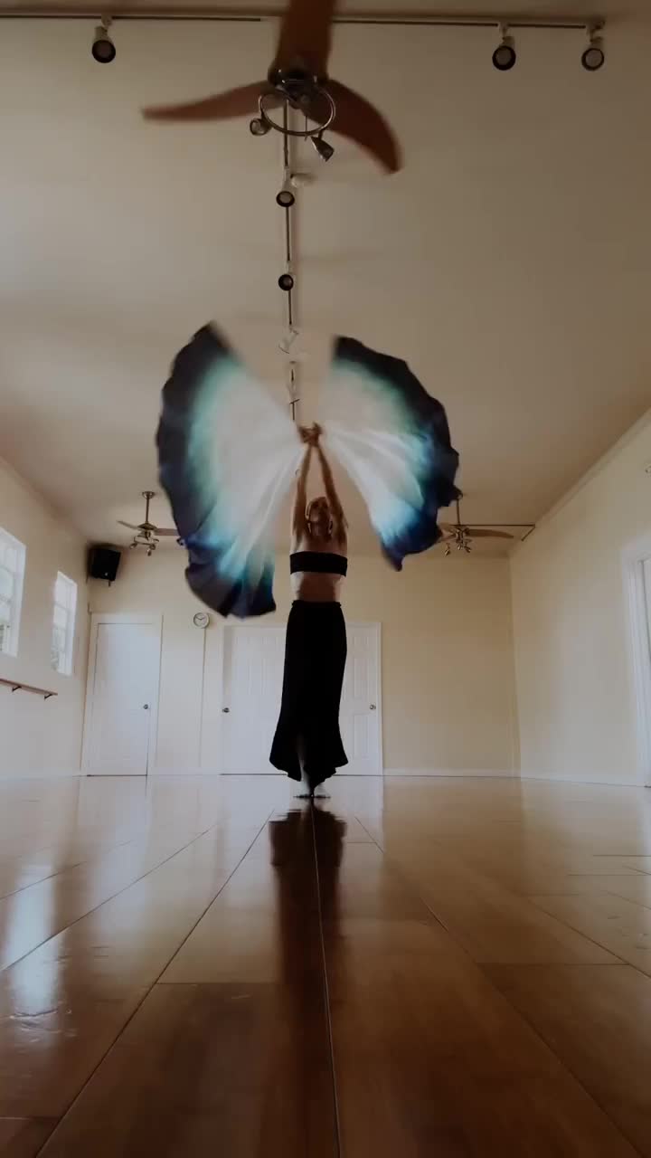 a dancer in a black top and long black skirt stands in a dance studio, holding flowing fabric pieces above her head. the studio has a wood floor, and a ceiling fan is visible above.