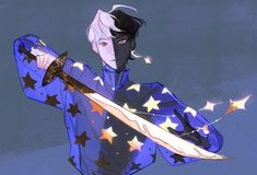 an animestyle illustration featuring a young man with dramatically split black and white hair. he's dressed in a blue outfit adorned with stars, and he wields a glowing sword that leaves a trail of sparkling lights, resembling a starry night. the art style is soft and ethereal, emphasizing the magical and dreamlike atmosphere.