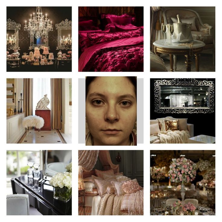 this image is a collage of nine different images, each showcasing a luxurious and elegant interior design. the images feature opulent bedrooms, living rooms, dining rooms, and bathrooms, all decorated with exquisite furniture, decor, and accessories. some of the featured elements include a massive chandelier, a plush velvet bedspread, a sparkling mirror, a grand piano, a lavish dining table, and an array of beautiful flowers. overall, the image evokes a sense of sophistication, opulence, and glamour, highlighting the beauty and artistry of interior design.