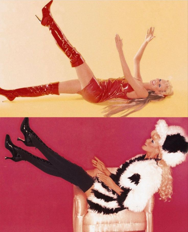 the image is a vertically divided diptych showing two women in retro fashion poses. the upper half features a blonde woman lying on a yellow background, wearing a red patent leather dress and highheeled red patent leather boots, her hands raised in the air. the lower half shows a blonde woman seated in a chair against a pink background, wearing black highheeled boots, black tights or leggings, a black and white fur coat, and a matching hat. both images have a vintage aesthetic with vibrant colors and bold fashion choices.