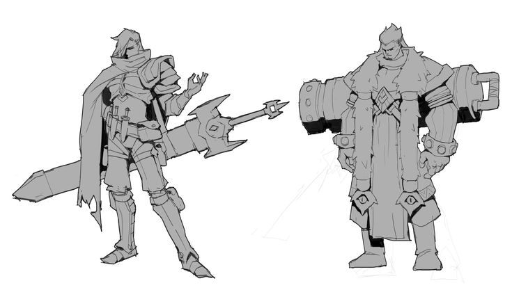 this is a sketch drawing of two warriors, one with a large sword, and the other with a large cannon. both warriors are armored and dressed in fantasylike clothing. the drawing is in pencil and is done in a style that is somewhat stylized.