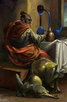 a man with dark skin and a shaved head, clad in flowing red robes, sits at a table meticulously working with alchemical equipment.  he appears to be an alchemist or wizard, crafting potions in a dimly lit laboratory.  a fantastical reptilian creature, seemingly his companion, rests at his feet. the scene evokes a sense of mystery and magic. the warm, artificial lighting suggests a candlelit setting.