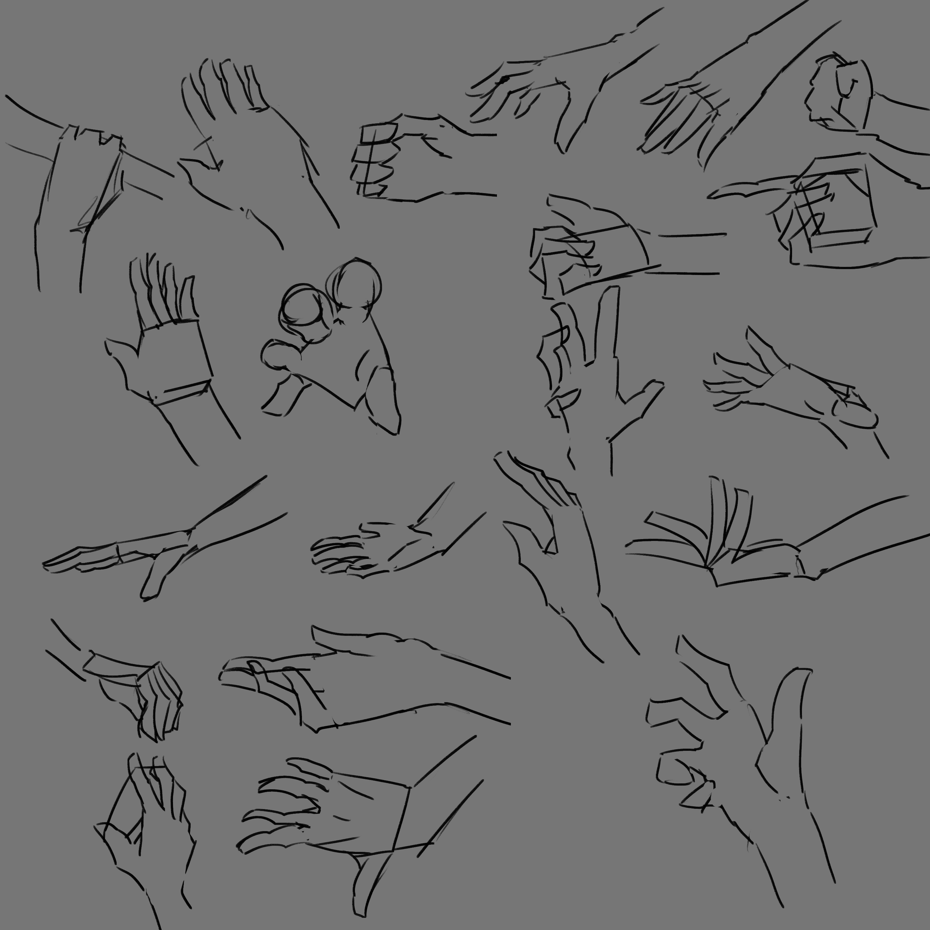 the image shows a collection of hand sketches in various poses. the sketches are done in line art with a focus on gesture and anatomy. the hands are depicted in different positions, suggesting a study of hand movements and expressions.