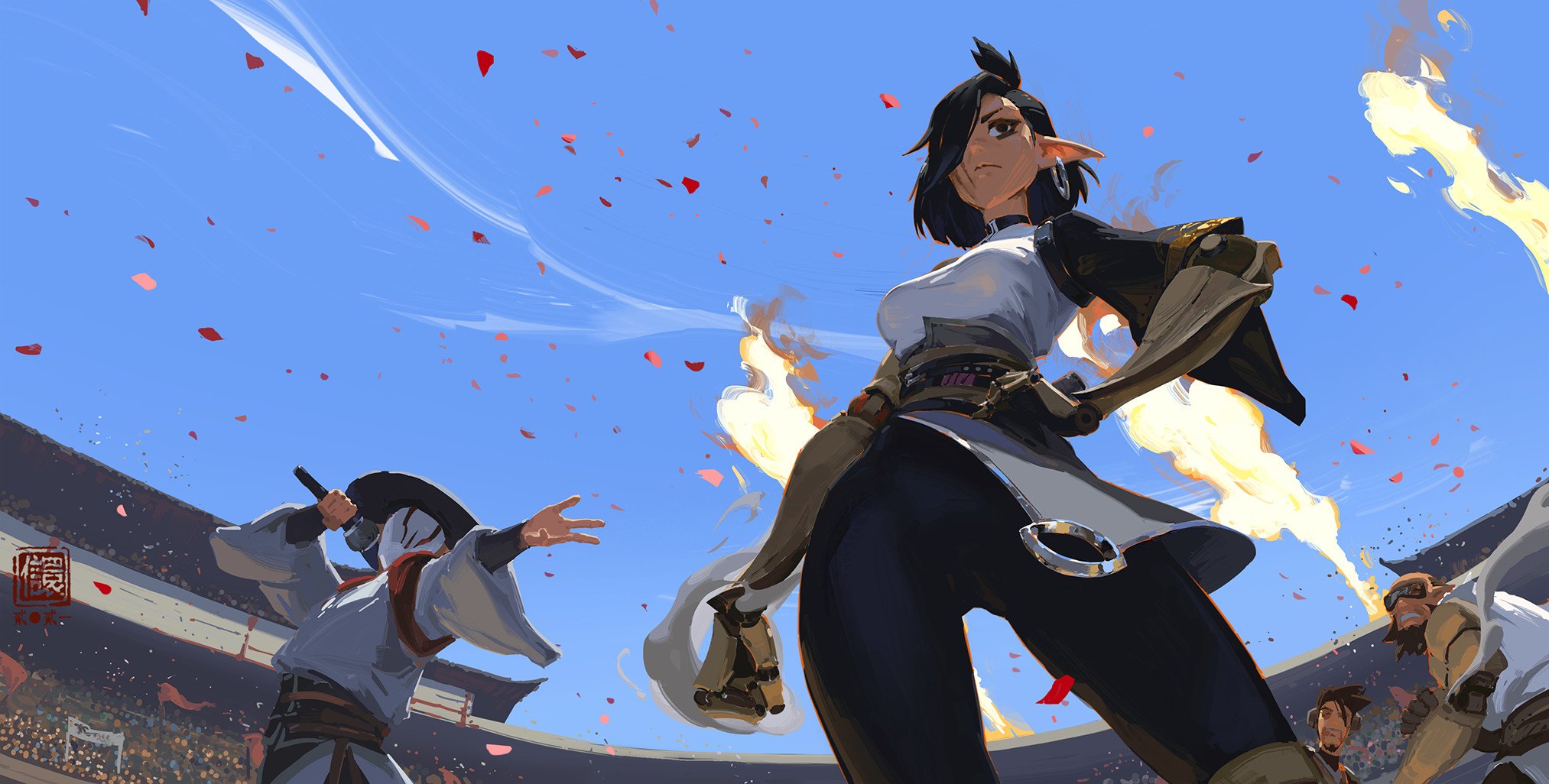 the image is a dynamic digital painting depicting a female elflike warrior in a fantasy setting. she is the central focus, positioned low in the frame with a powerful, upward gaze.  she appears to be in the midst of combat or a performance, with flames erupting near her. the elf wears a unique blend of clothing styles – seemingly incorporating elements of steampunk and oriental fashion.  two other characters, one in a masked, flowing robe and the other a more rugged man, are partially visible in the background, suggesting a competitive event or battle. the setting appears to be an arena, surrounded by a large crowd of spectators.  pink petals drift through the air, adding a touch of fantasy and drama.  the overall style is vibrant and dramatic, with strong use of light and shadow to highlight the action. the image's perspective is from a low angle, looking up at the main character, emphasizing her dominance and power.