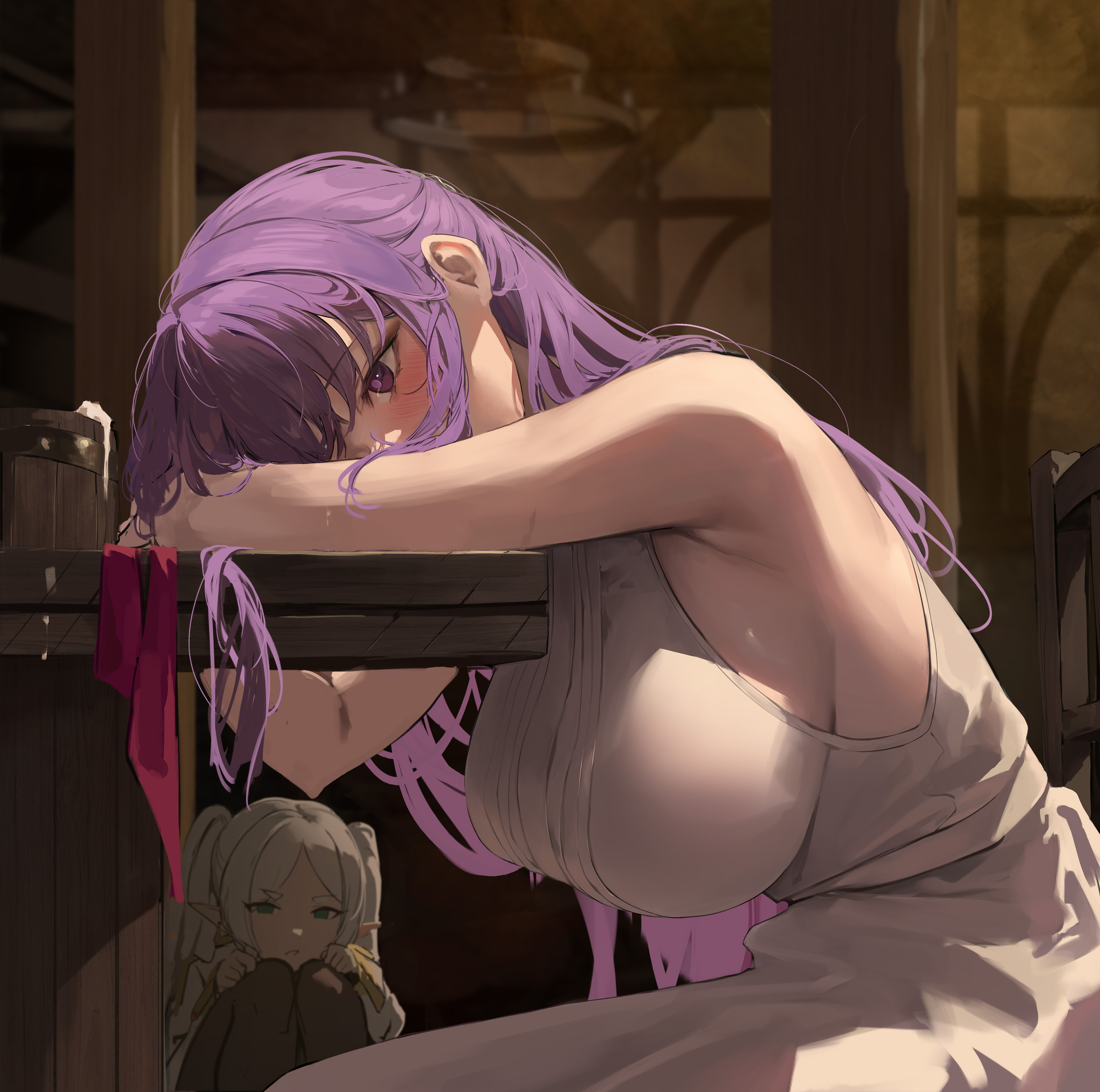 a sad anime girl with purple hair is leaning on a wooden table in what appears to be a tavern. she has her head resting on her arms. under the table, a little girl with white hair is hugging her knees and looks equally sad.