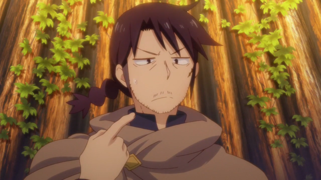 this image features an anime male character with brown hair pulled back in a ponytail, he has a brown beard and is wearing a brown cloak over a dark shirt. he is looking with a slightly skeptical expression. there is a forest background with green vines and leaves climbing up tree trunks. the wood grain is visible in the background.