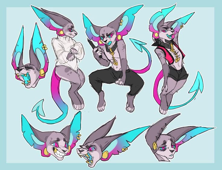 the image shows a character design of a furry creature with gray skin, large colored ears in shades of cyan, pink, and purple, and a devillike tail. the character is depicted in various poses and expressions, including sitting, standing, and headshots. they are adorned with gold jewelry and wear different outfits, such as a white sweater, black pants, a vest, and sometimes hold a knife. the background is a light blue color.