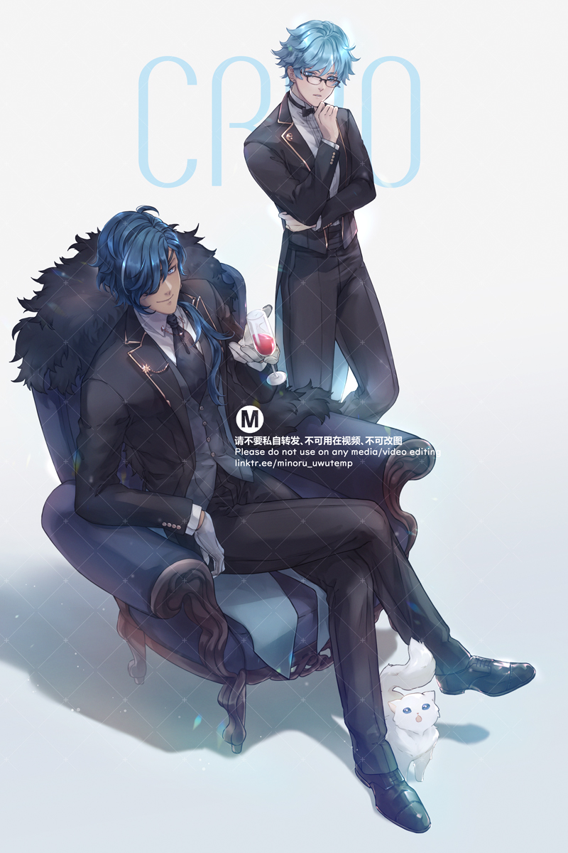 an anime illustration of two men in suits. one man is sitting on a chair, holding a glass of red liquid. the other man is standing behind the chair and holding his hand on his chin, looking at the man sitting. a small white cat is sitting at the feet of the man sitting on the chair. the background has the text "cp".