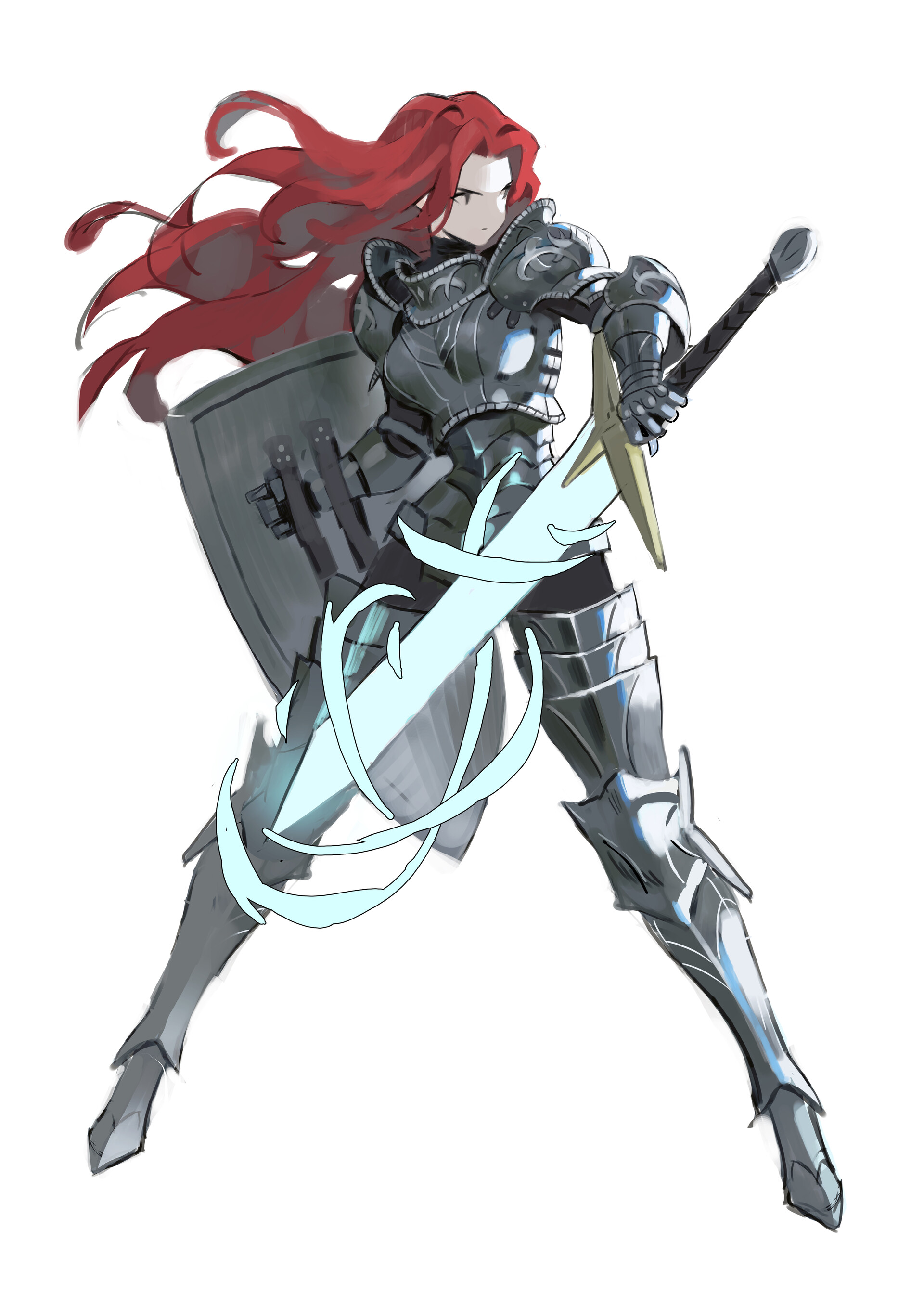 a full body image of a woman in knight armor with red hair, holding a sword and shield.