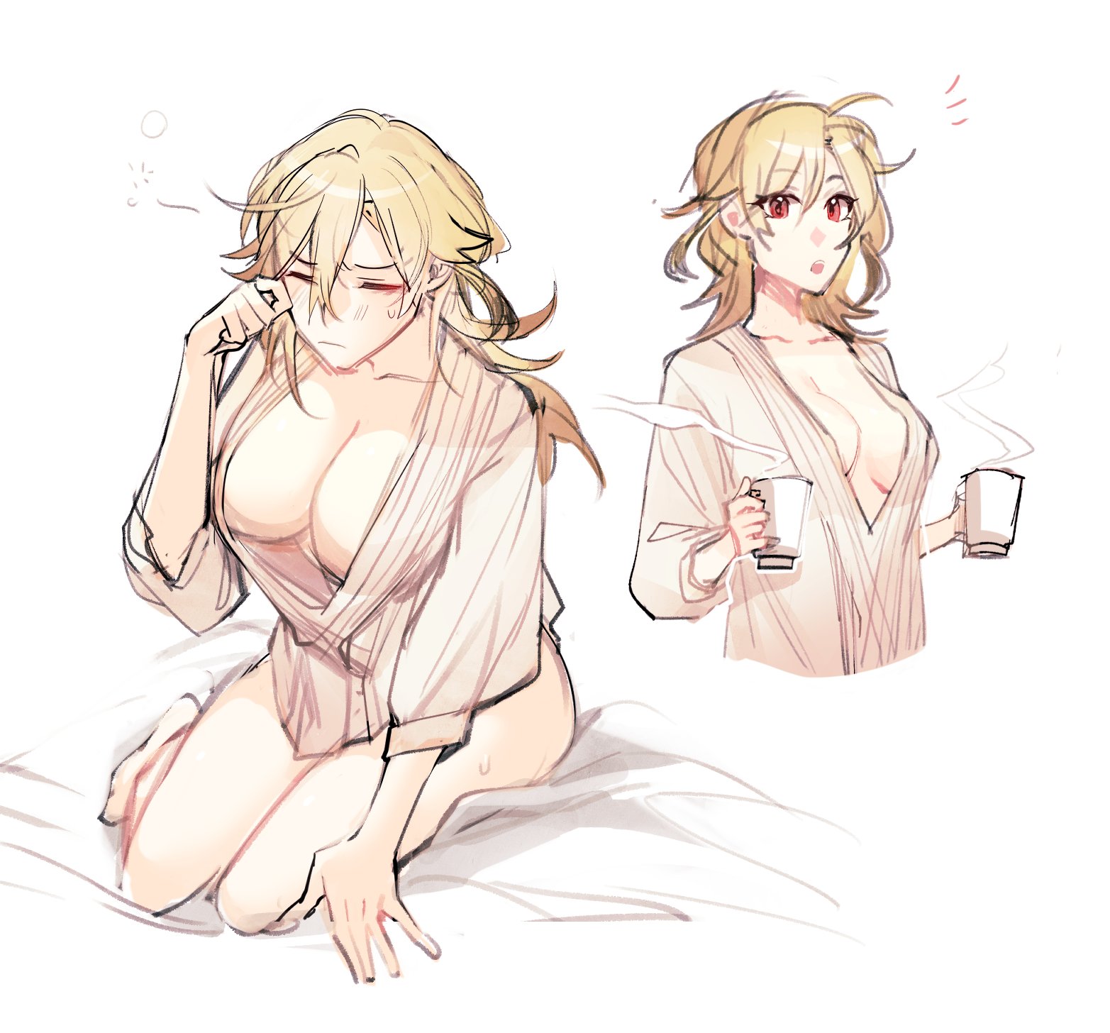 the image is of an anime girl with long blonde hair wearing a white shirt