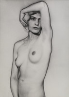 the image is a black and white photograph of a nude woman. she is positioned in a threequarter view, her body angled slightly away from the camera. her left arm is raised, resting on her head, while her right arm hangs naturally at her side.  the lighting is soft and diffused, casting subtle shadows on her body.  her expression is somewhat serious and contemplative. the overall style of the photograph is classic and artistic, possibly reminiscent of early 20thcentury portraiture.  the focus is on the woman's form and posture.