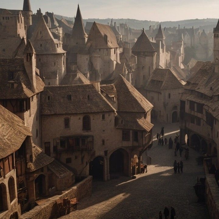the image depicts a medieval town with closely packed stone buildings. the architecture is characterized by pointed roofs, towers, and arched entrances. people are walking along the cobblestone streets. the overall impression is of a historic urban landscape bathed in soft daylight.