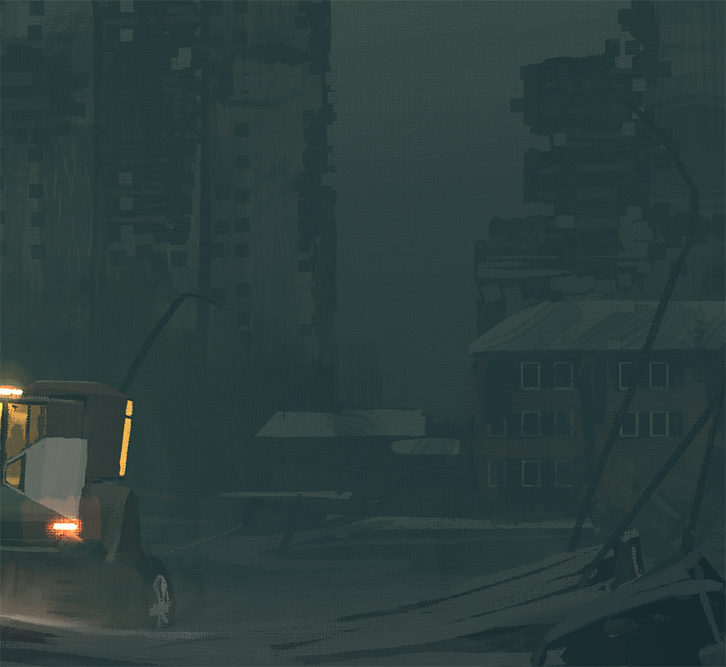 a mysterious, postapocalyptic scene featuring a derelict, silhouetted vehicle against a backdrop of ruined buildings and thick fog. the image is characterized by a dark, eerie, and desolate atmosphere, suggesting a world ravaged by an unknown disaster. the fog obscures the details of the surrounding environment, adding to the sense of mystery and despair. the lone vehicle, possibly a truck or car, stands as a testament to a lost civilization, its headlights casting a faint glow in the darkness. the overall composition evokes a feeling of hopelessness and uncertainty, leaving the viewer to ponder the events that led to this desolate state.