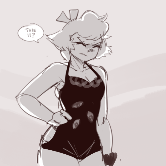 a line drawing of a woman in a black swimsuit with eyes on it. she has short blond hair and is looking down. a thought bubble above her head says "this it?"  she appears to be thinking about something.