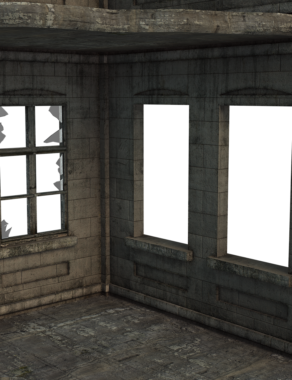 the image shows the interior corner of a dilapidated building with a broken window on the left and two empty window frames on the right. the stone walls are textured and show signs of decay and grunge. the building appears old, abandoned, and damaged, evoking a sense of destruction and urban decay.