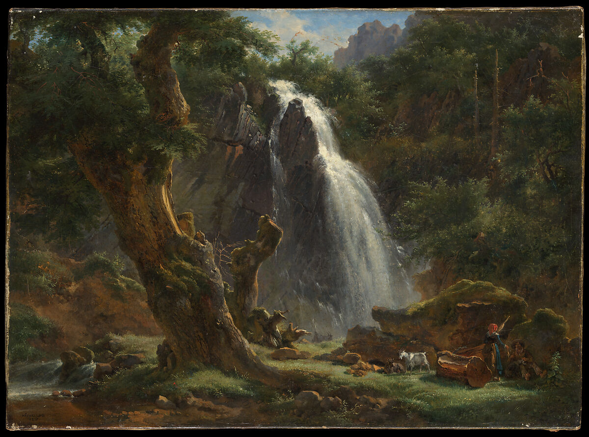 the painting depicts a landscape with a waterfall cascading down rocks in a lush forest. a large tree dominates the left foreground, covered in moss. a stream flows near the base of the tree. a white goat stands near a peasant, both next to a large log. mountains are visible in the background.