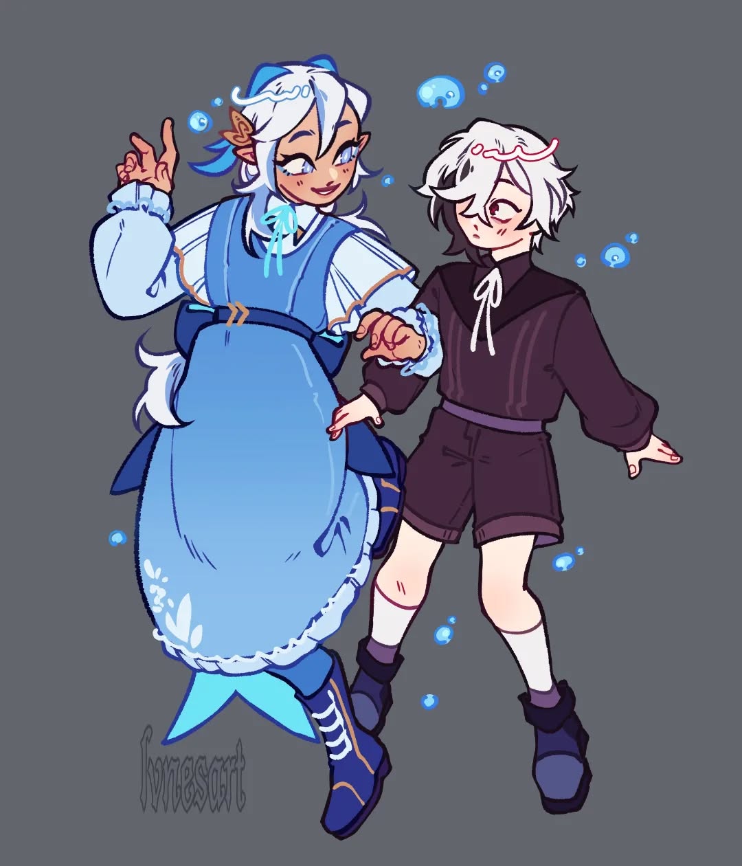 he illustration shows two animestyle characters. one is a merfolklike figure with long white hair, wearing a light blue dress and boots.  she has a fishlike tail. the other character has short, white hair and is wearing dark purple shorts and a top, along with white socks and dark shoes. they are holding hands and surrounded by small, light blue bubbles, suggestive of an underwater or aquatic environment. the overall style is cute and pasteltoned.