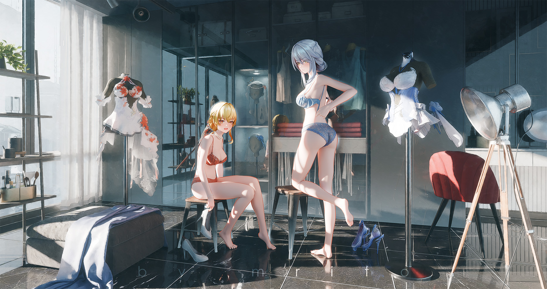 he image is a digital painting or rendering of two animestyle girls in a modern, stylish bedroom or dressing room. one girl has blonde hair and is sitting on a stool, wearing red lingerie and holding a pair of high heels. the other girl has long white hair and is standing, wearing blue lingerie, adjusting her bikini top. both girls are very attractive and fashionable.  the room is beautifully designed with a large window letting in plenty of natural light, modern furniture, and various clothing items displayed on racks and mannequins.  there's a floor lamp and the overall ambiance is calm and intimate.  the style is very clean and detailed, suggestive of promotional art or a book cover illustration.