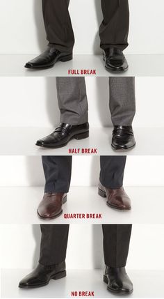 the image displays four variations of how men's dress pants should fit around the shoes, illustrating "full break," "half break," "quarter break," and "no break" styles. a man's legs, clad in dress pants and dress shoes, are the focal point against a neutral background.