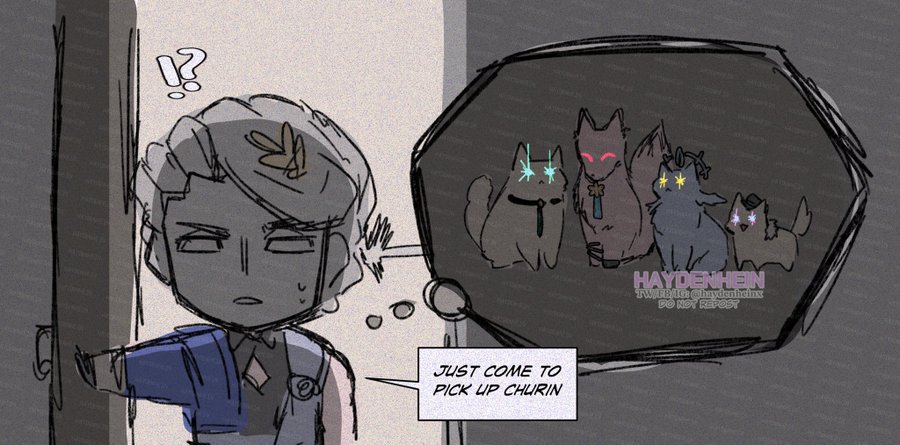 a chibi anime character with white hair and blue clothes stands behind a door, looking worried, with their eyes wide open. above them, a thought bubble with a bunch of cute cats and dogs inside is shown. the thought bubble is filled with the caption, "just come to pick up churin."  the character's expression suggests they are hesitant to go inside, perhaps because of the pets. the overall art style is light and playful, suggesting a lighthearted and humorous scene.