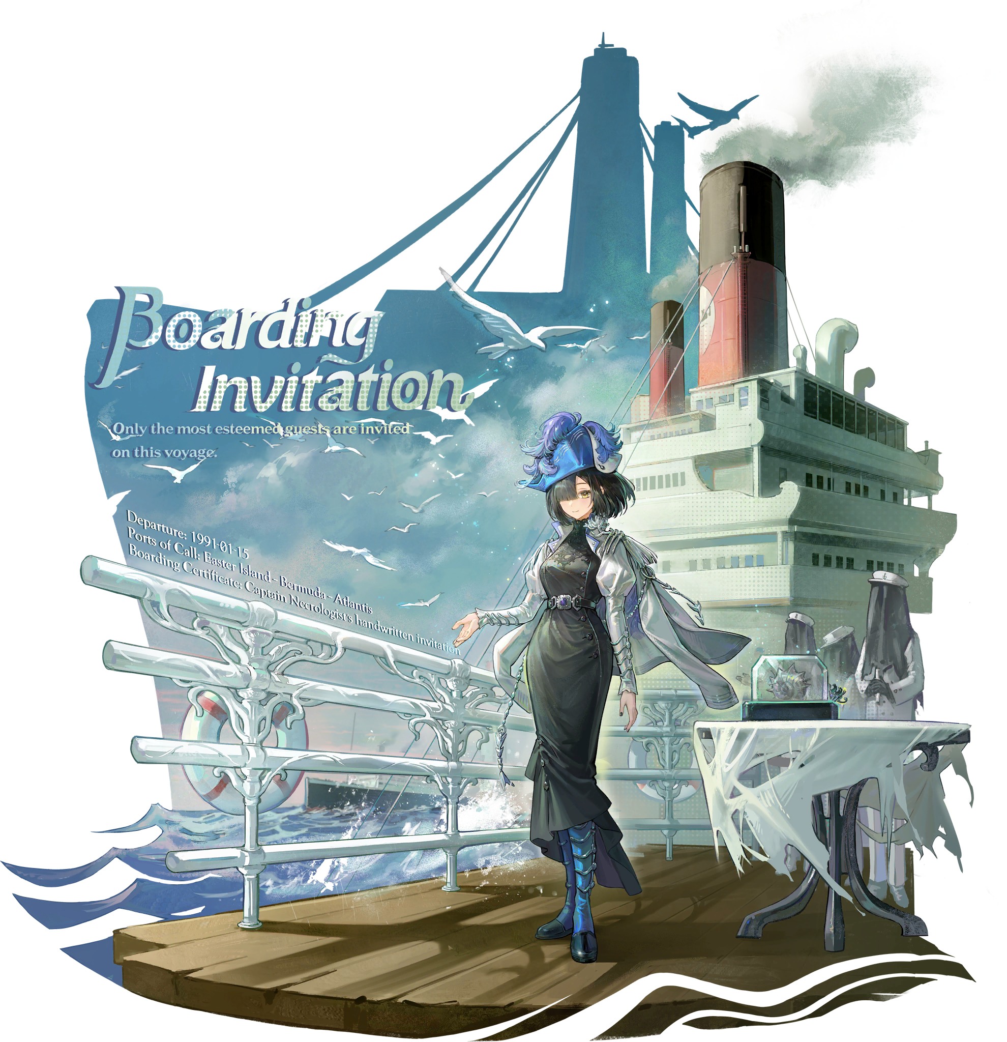 the image is a digital illustration featuring an animestyle woman in an elegant, darkcolored victorian/steampunkinspired outfit. she stands on the deck of a large ocean liner, which is depicted in a somewhat faded, slightly ethereal manner. the woman wears a blue hat and long coat.  the scene includes text suggesting a “boarding invitation” for a voyage, with details about departure time and ports of call.  the overall atmosphere is mysterious and elegant, enhanced by the presence of ghostly or spectral figures near a table in the background, adding a touch of the supernatural.  the ship and sea are rendered in muted blues and greys, contrasting with the woman's darker clothing. the style blends elements of anime, fantasy, and steampunk aesthetics.