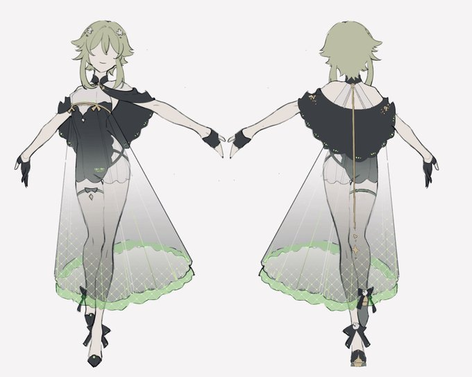 this is a fashion design concept sketch of an anime girl with short green hair, wearing a black leotard with a sheer, flowing tulle dress that has green trim, black gloves, garter belts, thigh highs, and high heels. the sketch shows both front and back views of the character.