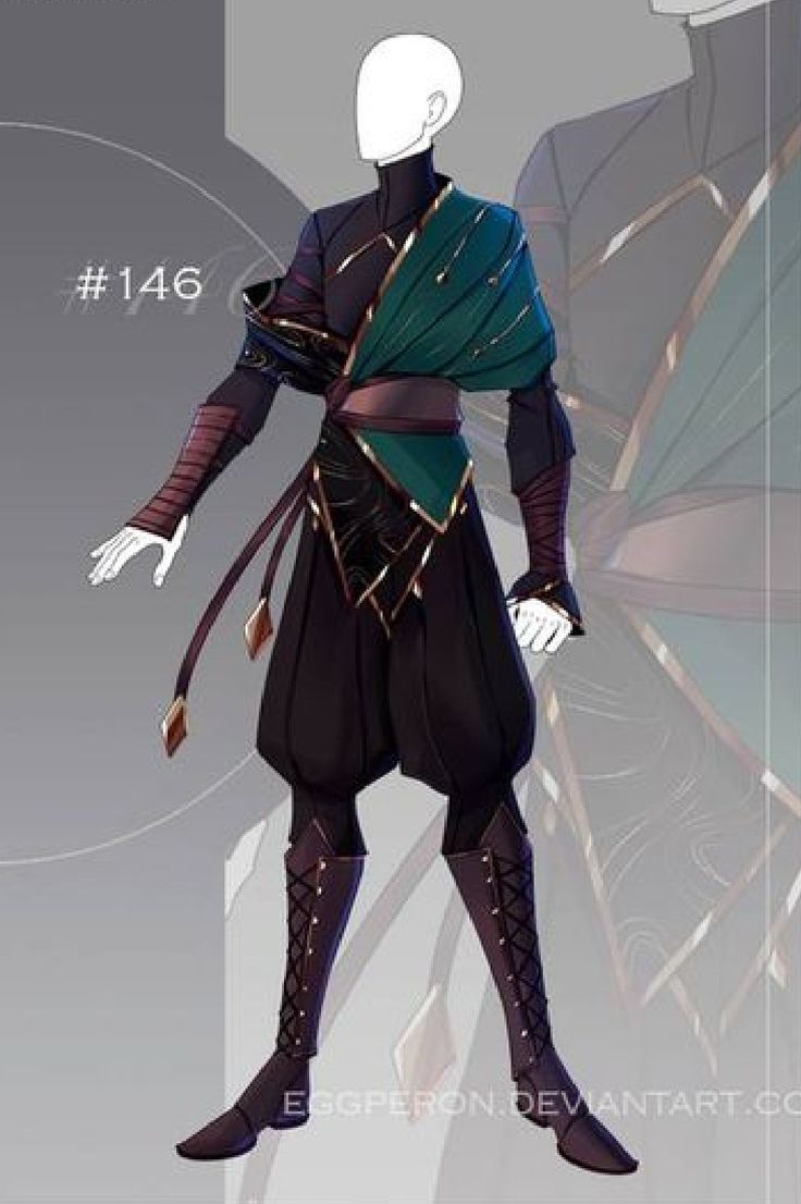 this digital illustration depicts a male anime character standing in a fullbody pose, showcasing an intricate outfit. he wears a longsleeved black shirt with a dark green sashlike scarf, layered over it. his pants are black, trimmed with gold accents and a belt with decorative gold buckles. the character is adorned with gold jewelry and matching black kneehigh boots that lace up the front. the outfit is complemented by a design element in the background that features intricate gold patterns and hints of green. the character's posture and the overall details suggest a fantasy theme.
