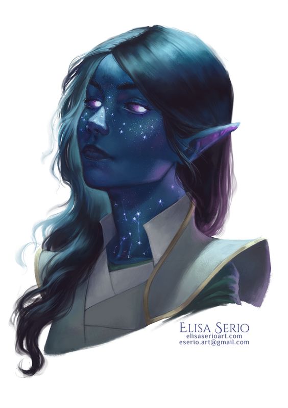 a digital painting of a female elf with blue skin and long, dark hair streaked with white. she has constellations painted on her face and neck, and her eyes sparkle like stars. she wears a white and gold tunic with a high collar. the background is white.