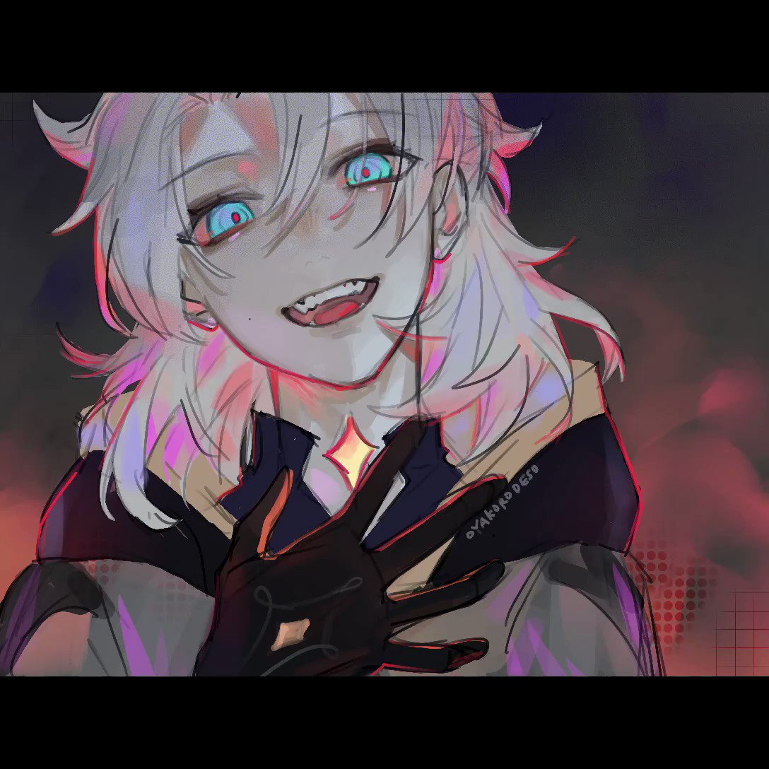 a digital drawing of a male anime character with white hair and red eyes, smiling with fangs and a dark background. the character is wearing black gloves and a dark jacket. he is looking directly at the viewer. the artwork is done in a bright style with colorful lighting. the background is dark and almost blurry while the character is sharp and focused on.