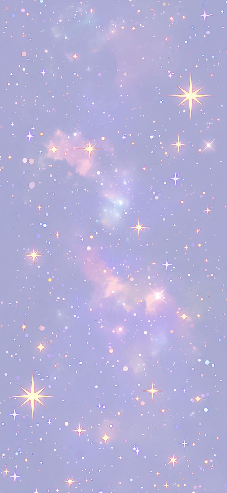 the image is a vertical, dreamy, and sparkling background resembling a galaxy or space scene. it features a soft pastel color palette, primarily light purple and pink, with elements resembling clouds and numerous stars scattered throughout. the stars and other elements have a glittery or sparkling effect, creating a magical and celestial aesthetic. the overall feel is soft, blurred, and dreamy, suitable as a wallpaper or background.