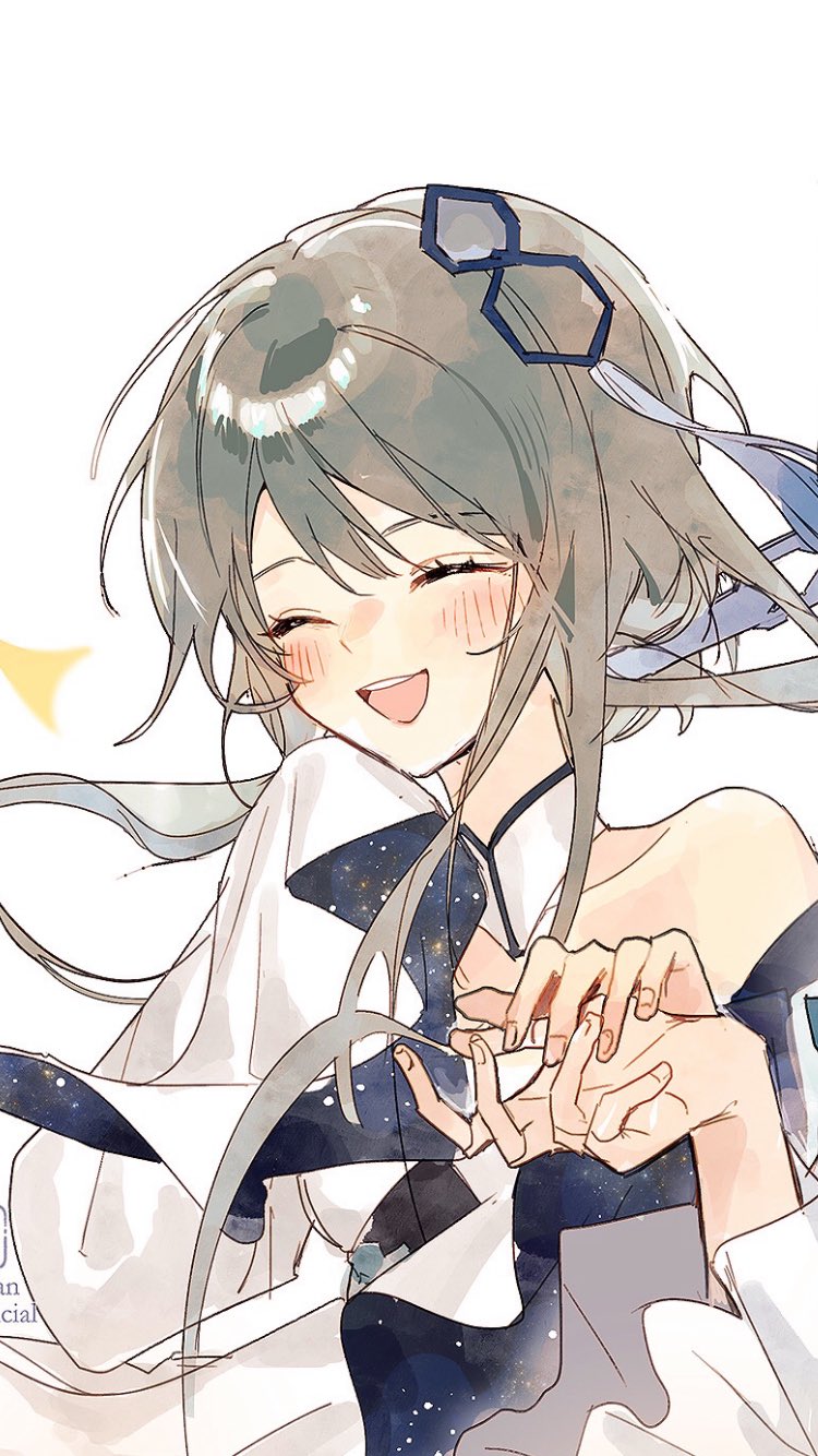 a beautiful anime girl with long gray hair tied back with a blue ribbon and white and blue galaxy patterned clothing is smiling and blushing while looking down at her fingers, which are being held by another hand. the girl has big, expressive eyes and is wearing cute, hexagonal glasses. the scene suggests a romantic and loving moment between the girl and the unseen hand. the artwork has a soft, gentle quality that enhances the warm and fuzzy feeling of the image.