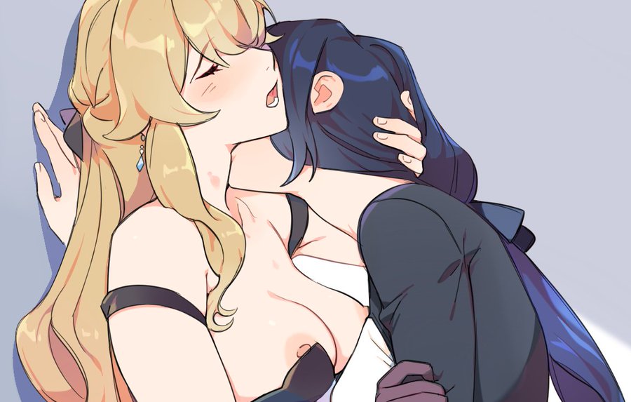 an anime style drawing shows two female characters kissing passionately against a wall. the blonde character has a hand on the wall and is wearing a black strap top. the other female character has dark hair, is wearing a dark suit, and has her hand on the blonde character's head. one breast is visible.