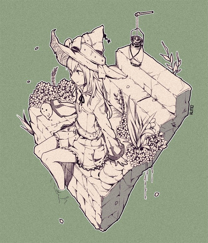 an illustration of an anime girl dressed as a witch with a patched hat sitting on a stone platform with flowers and plants, a lantern hanging above her, and a small ghostlike creature beside her. the background is a solid green color. the style is reminiscent of pen and ink drawing with shading.