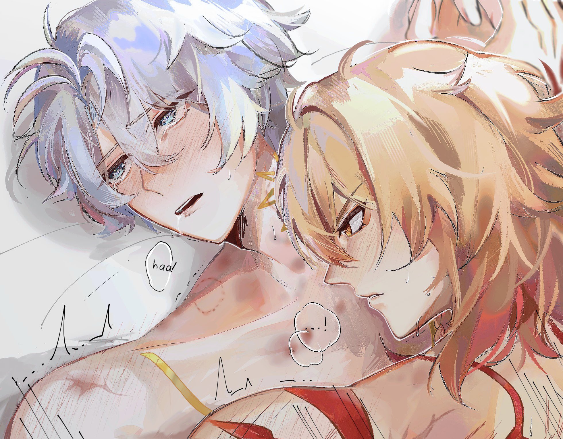 an animestyle image depicts two shirtless men in an intimate setting, likely in bed, with one appearing to be crying and the other looking on with a stern expression. the scene has a suggestive and erotic undertone.