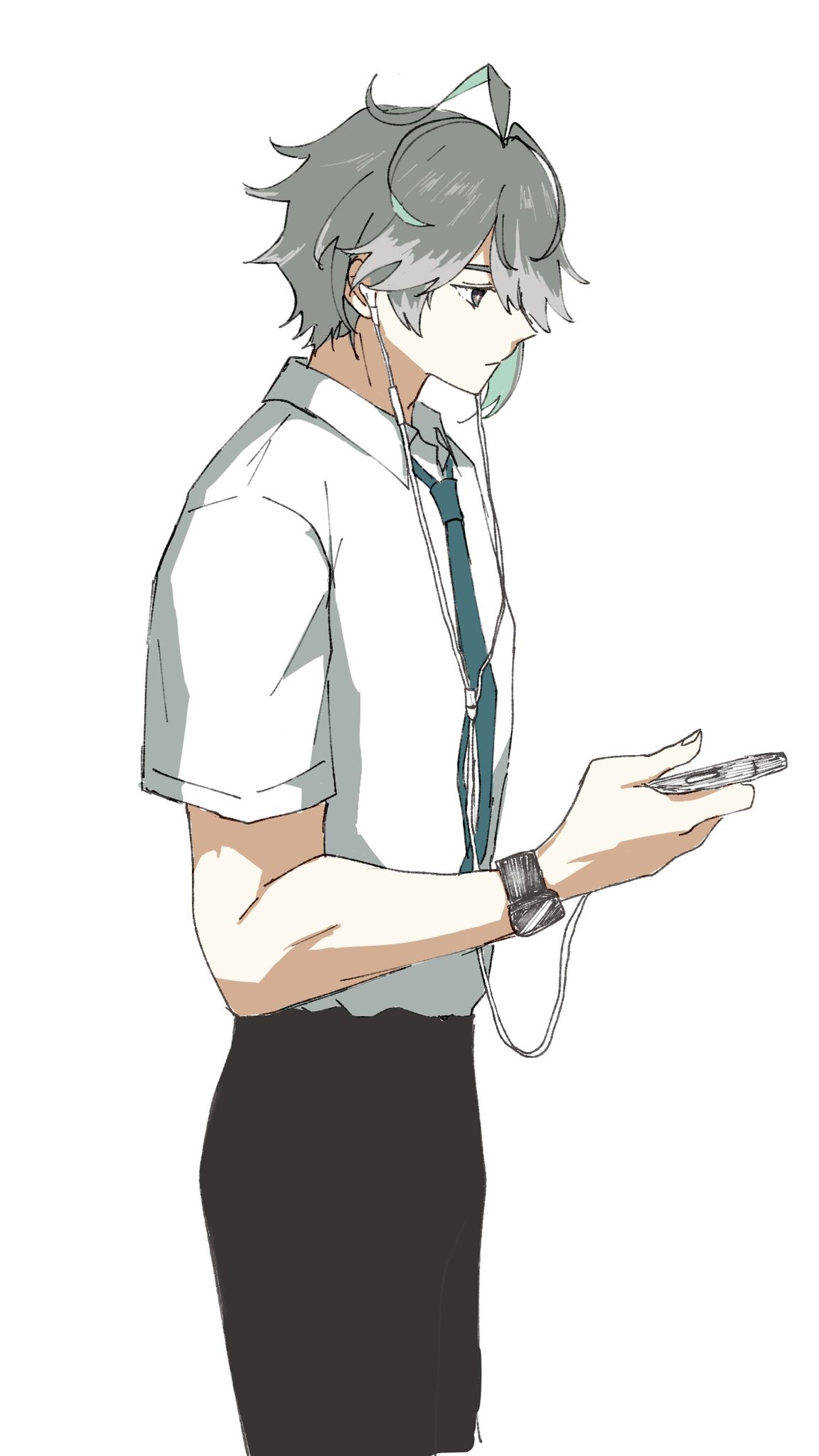 a young anime boy with green hair is drawn in a casual style. he is wearing a white shirt with a green tie and black pants. he has headphones in his ears, with a phone in his hand, and is listening to music. he is looking down to the side. this illustration is drawn in a simple line art style on a white background.