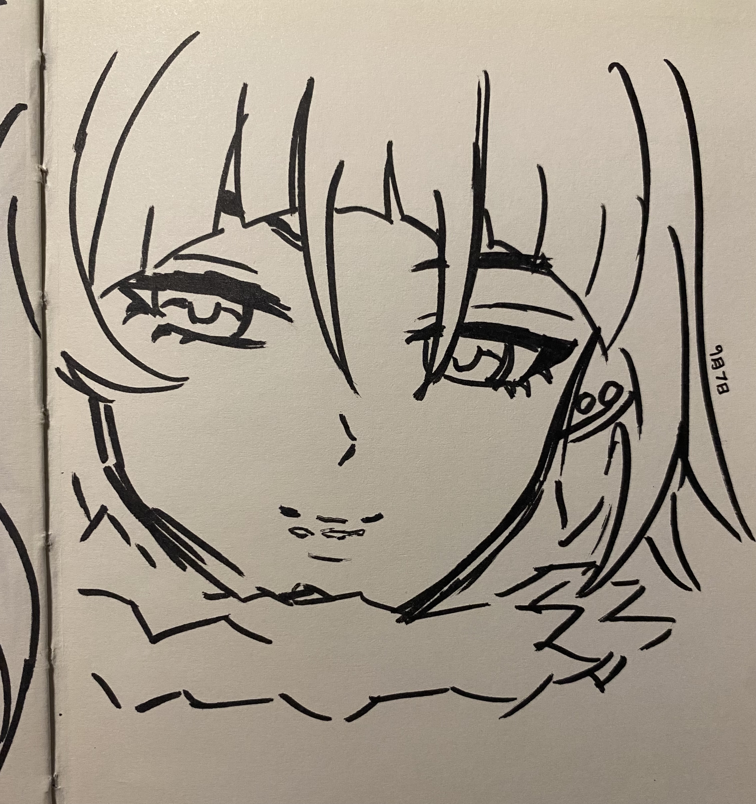 a closeup black and white ink sketch of an animestyle girl's face. the drawing is detailed and expressive, focusing on the character's eyes and facial features. the style is reminiscent of manga or graphic novel art, with dynamic linework and shading. the girl's hair is partially visible, and she appears to be wearing a scarf or collar.  the overall mood is calm and contemplative. a number, "9878," is faintly visible in the upper right corner, possibly an artist's mark or identifier.