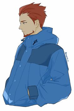 the image shows a young man with spiky red hair and a short beard wearing a blue jacket. he is looking to the left of the frame, and his expression is neutral. the background is plain white. the style of the image is digital art, and it has a slightly flat, illustrative look.