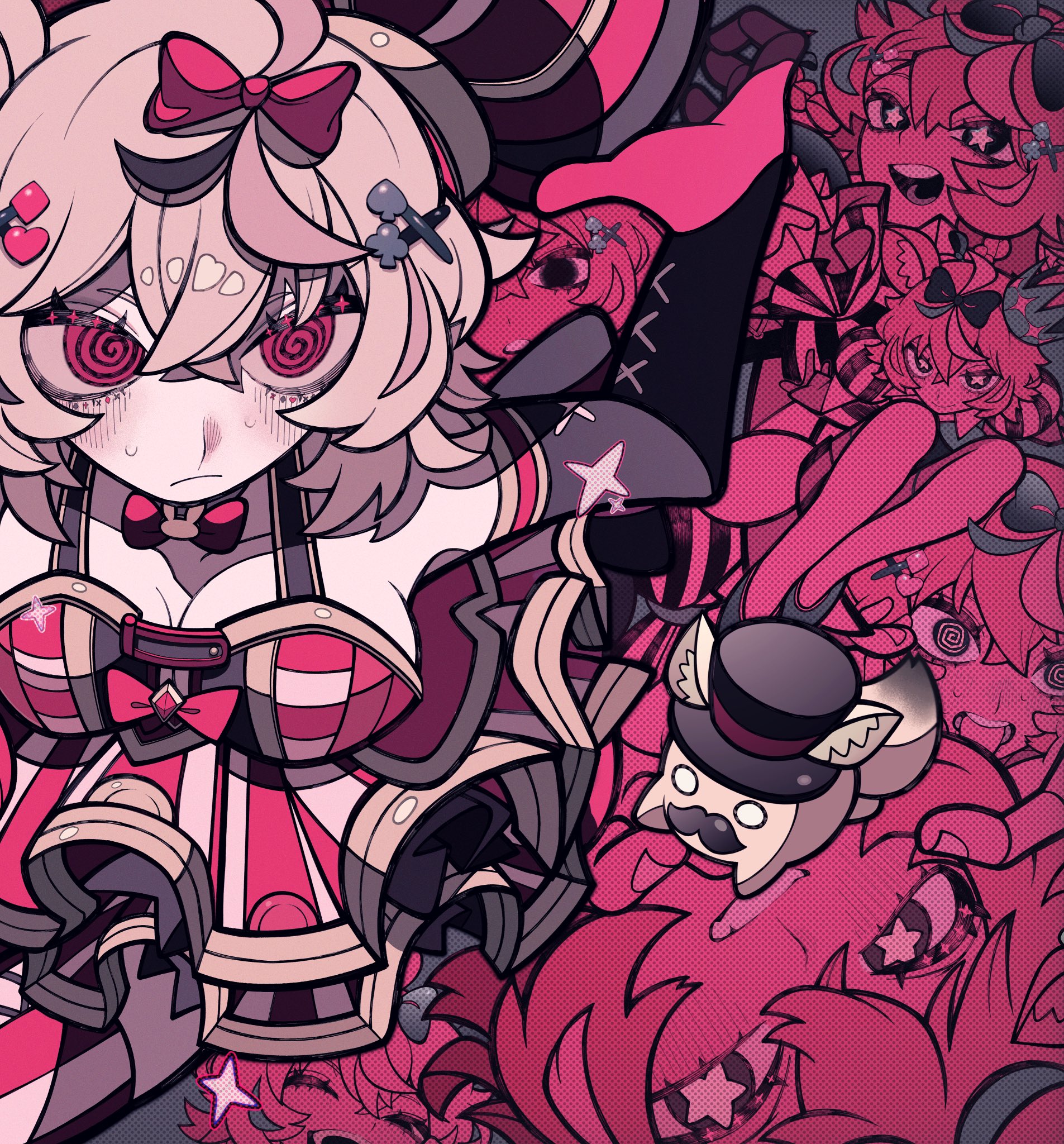 this digital illustration features a whimsical and cute anime girl with pink hair in a red and white dress. she has large, spiral eyes and a mischievous expression, adorned with a large red bow and a white star on her sleeve.  the image is a chaotic collage of pink, red, and white, with multiple other characters, including a whimsical rabbit in a top hat, peeking out from behind her. this vibrant and energetic piece seems to depict a fantastical story of magical adventures and hidden wonders.