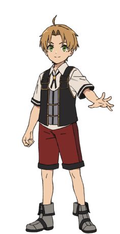 this image showcases a young, animated male character standing against a stark white background. he has short, tousled brown hair and bright green eyes. he wears a white, shortsleeved shirt with a collar, partially concealed by a black vest with gold trim. his outfit is completed with dark red shorts, grey socks, and brown boots with buckles. the boy extends his right hand towards the viewer, his expression friendly and inviting. content: 1 person, drawing, cartoon people: boy, anime character environment: simple background lighting: flat lighting perspective: full body kw: boy, anime, manga, character design, animation, cute, friendly, young, brown hair, green eyes