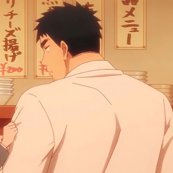 a man with short black hair and a white shirt is standing with his back to the viewer. a young girl is holding his left arm. the setting appears to be a japanese restaurant.  the overall palette gives a warm feeling.