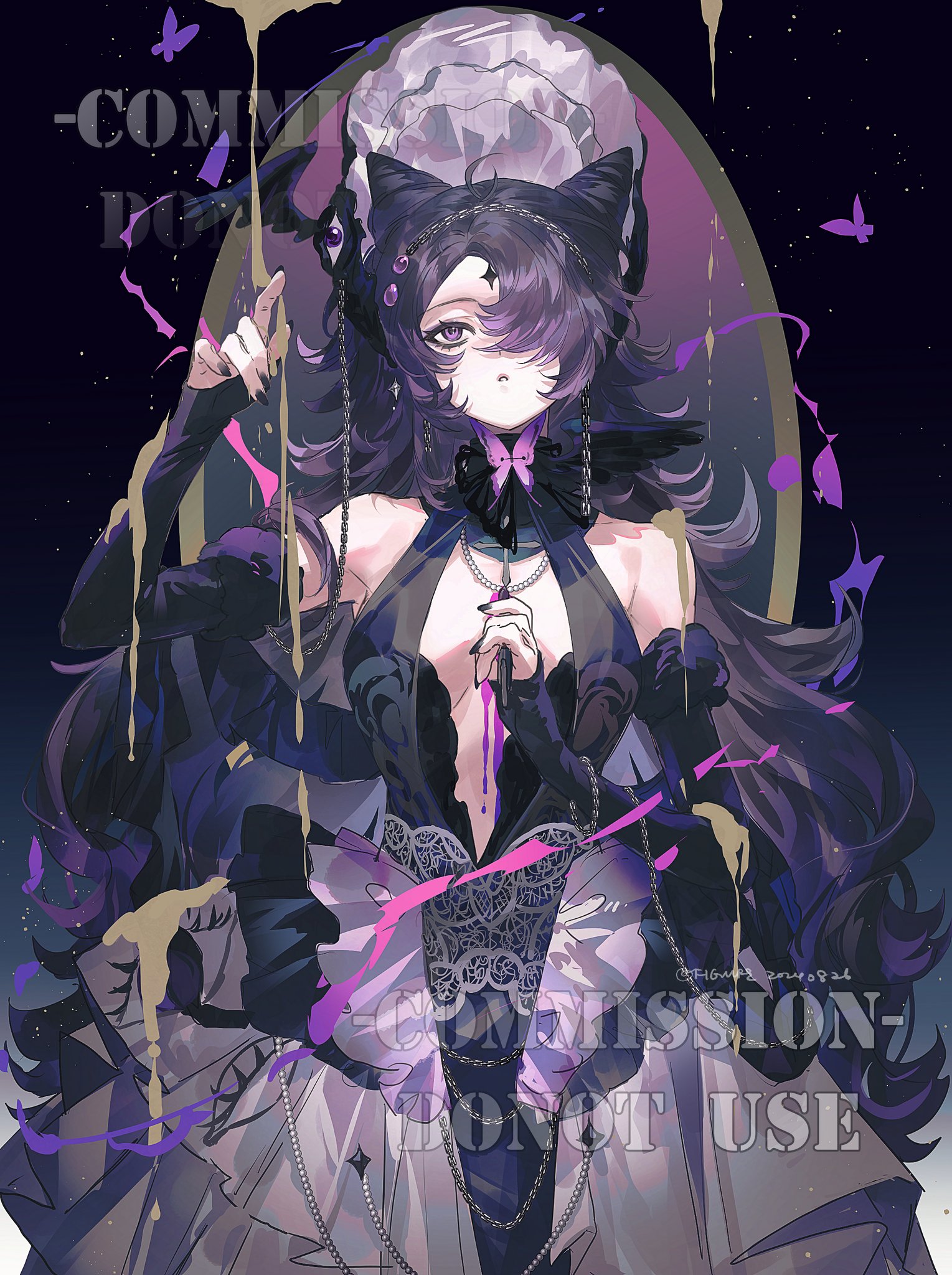 an animestyle illustration of a gothic fantasy girl. she has long, flowing black hair with purple highlights, cat ears, and pale skin. she wears a dark, lowcut dress with lace details and a veil or crown. she is holding a dagger in one hand and pointing with the other. paint streaks of gold and pink decorate the image. a butterfly is nearby and the words "commission  do not use" are written across the image.