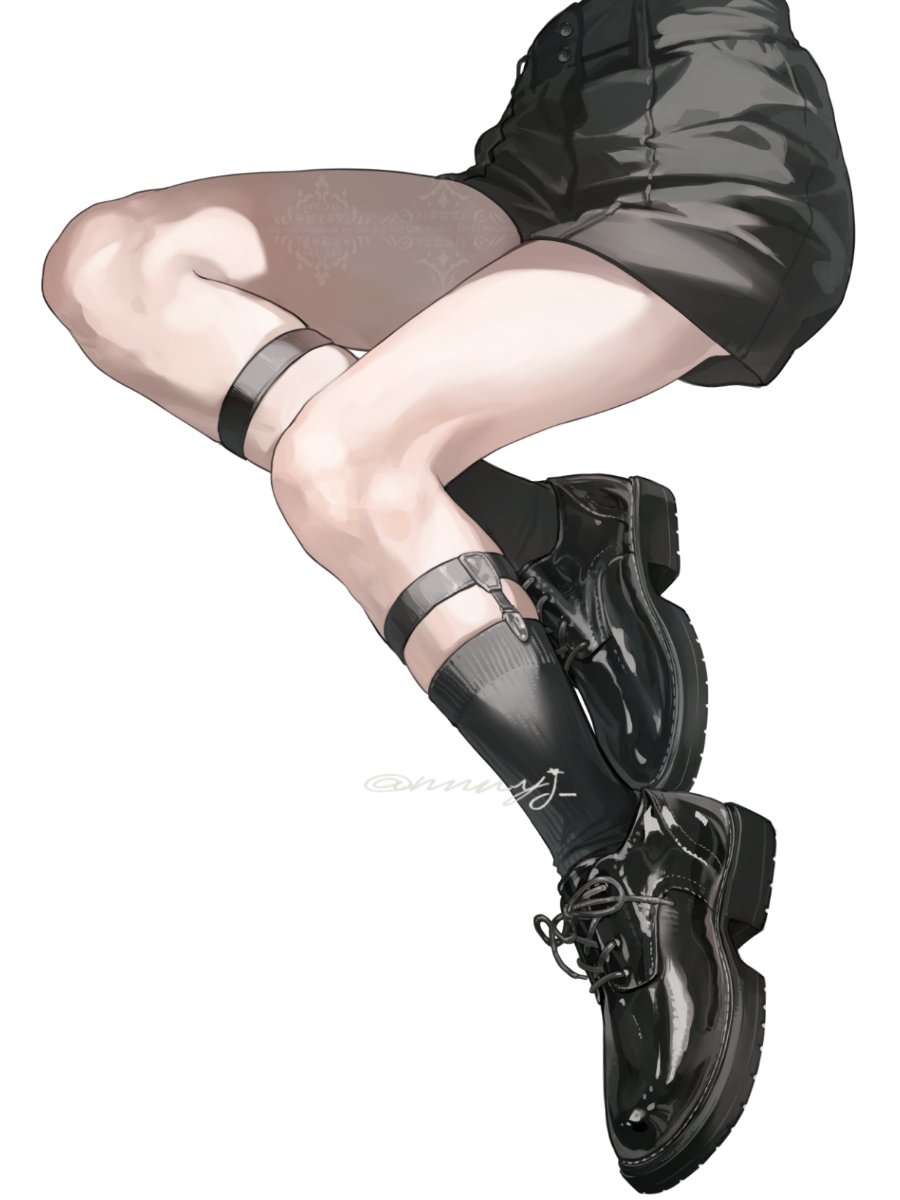 the image shows a pair of legs wearing black shorts, garters around the thighs and calves, black socks, and shiny black platform shoes. the style is reminiscent of anime art.
