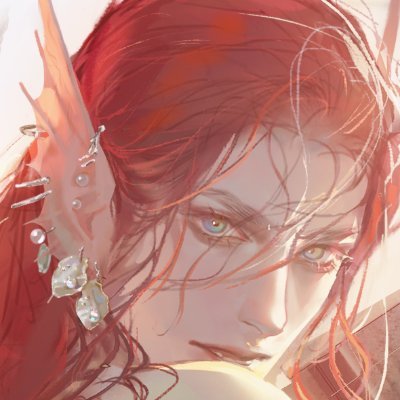 this is a digital art portrait illustration of a male elf. he has long flowing red hair, pointed ears with multiple earrings and piercings, and striking blue eyes.  the art style is ethereal and dreamlike. the background is a wash of warm colors. the overall effect is one of otherworldly beauty.