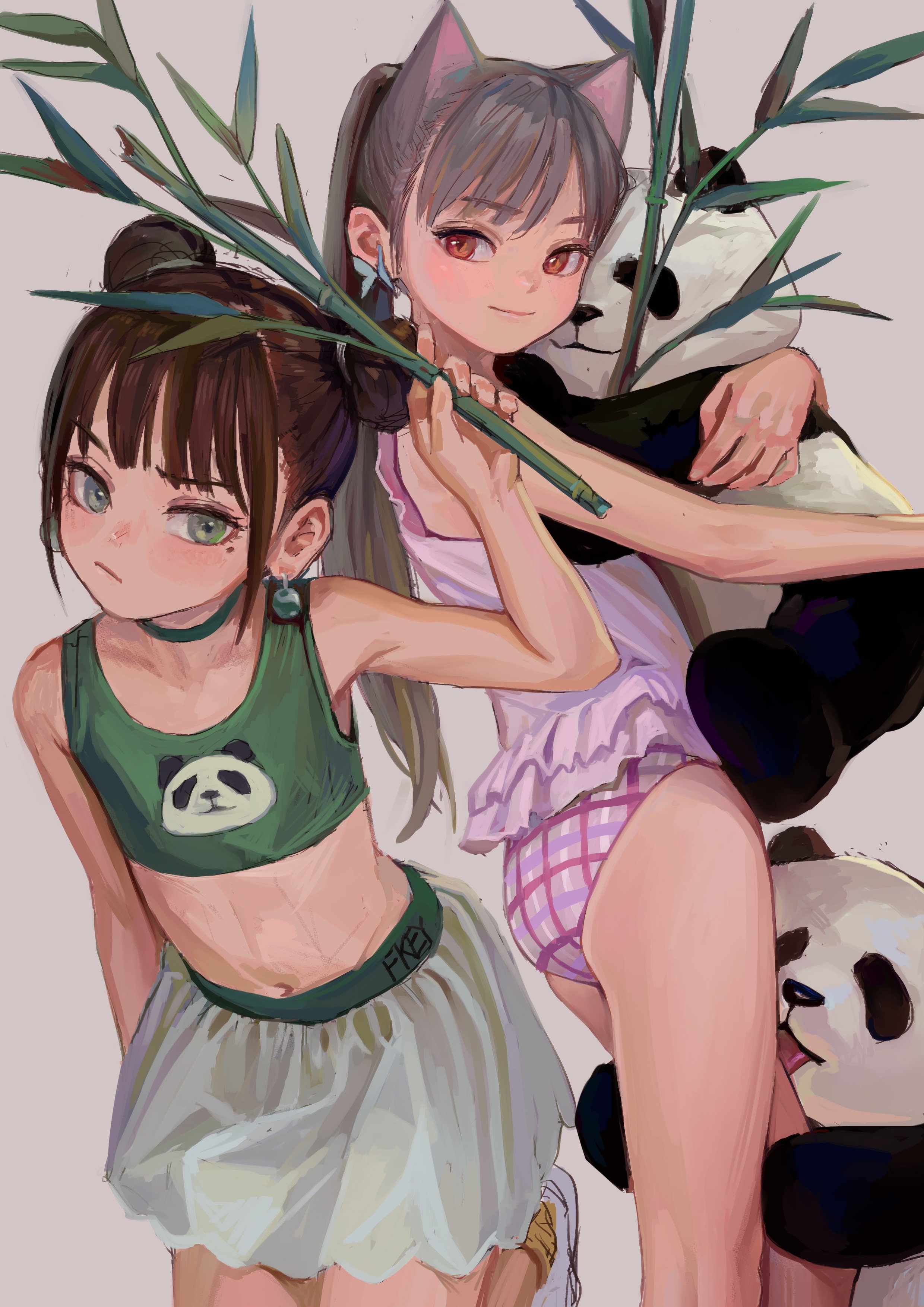 two girls are standing together, one with cat ears hugging a panda plushie and holding bamboo, and the other one is wearing a green crop top with a panda logo and a white skirt.