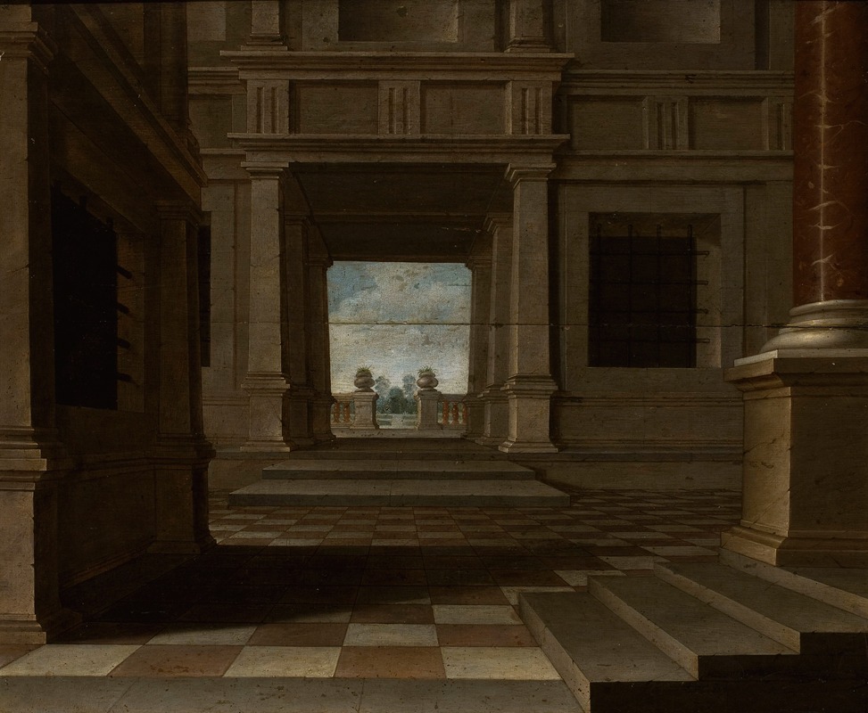the image depicts an architectural scene, likely a courtyard or colonnade, with a checkered floor leading to a distant landscape visible through an opening framed by columns and arches. the architecture is characterized by classical elements such as pilasters, marble columns, and decorative urns on a balustrade in the background. the play of light and shadow emphasizes the depth and perspective of the scene.