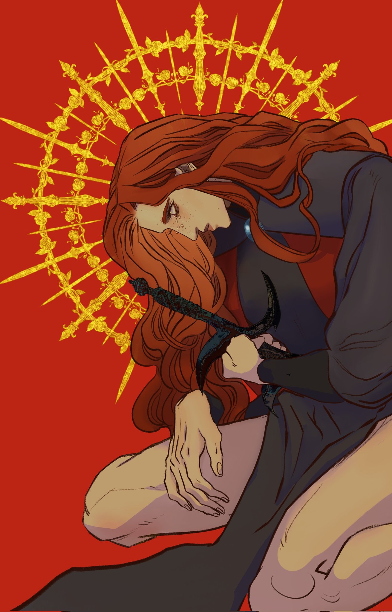 a digitally drawn image shows a woman with flowing red hair, wearing dark clothing, kneeling against a red background. she holds a black sword, her face displaying a melancholic expression. a gold halo composed of roses and swords hovers behind her. the artwork is rich in detail and conveys a sense of fantasy and introspection.
