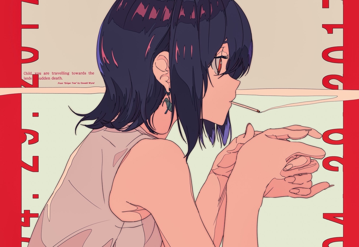 he image is a digital illustration in an anime style, depicting a young woman with short, dark hair. she is shown in profile, looking off to the side with a pensive expression. she holds a cigarette in her mouth, with a faint stream of smoke. she's wearing a simple sleeveless top. the background is a minimalist pale green and red color scheme. text overlays the image; a quote from "ginger tree" by oswald wynd  "child, you are travelling towards the lands of sudden death." is visible. the overall mood is melancholic and introspective.