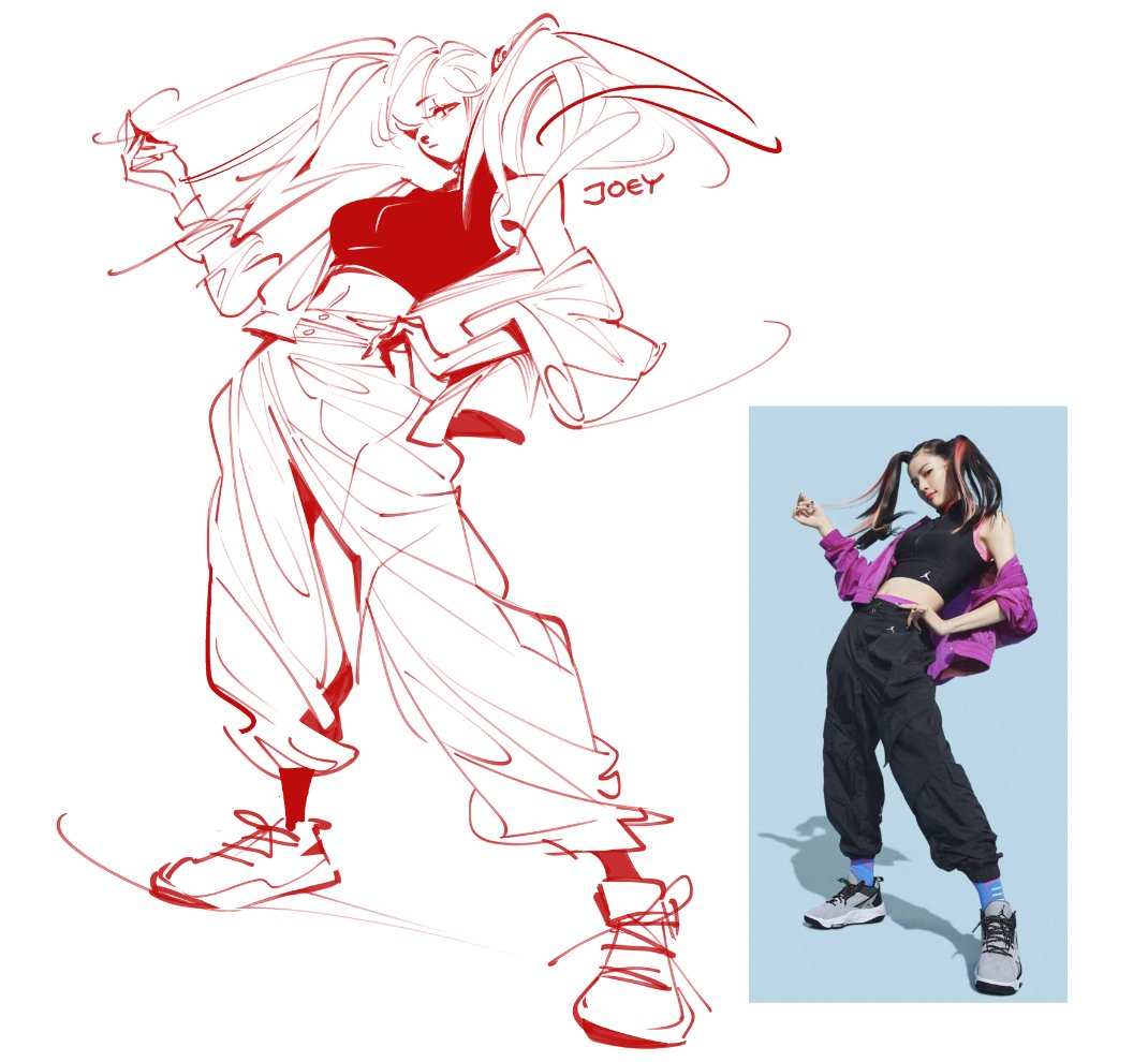the image is a fashion illustration of a young woman dancing in stylish streetwear. the illustration is done in a dynamic, sketchy style, with flowing lines and exaggerated proportions.  the woman is wearing a crop top, baggy pants, and sneakers. her hair is styled in pigtails.  a smaller reference photo of a real person in the same pose and similar attire is included next to the sketch.