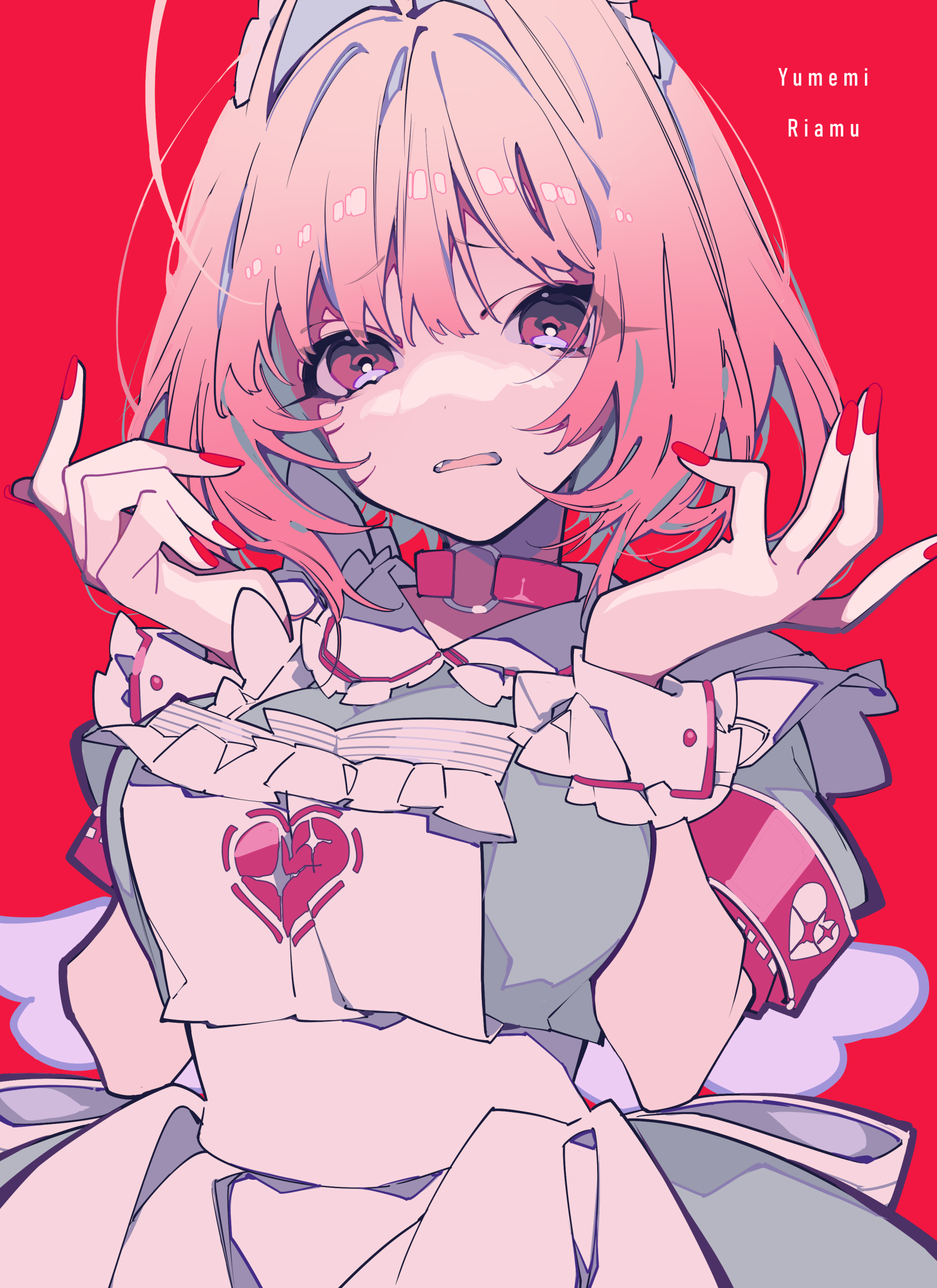 an animestyle illustration features yumemi riamu, a girl with pink hair, wearing a maid outfit with a broken heart design. she has a pouting expression and long, red nails. the background is a solid red color.