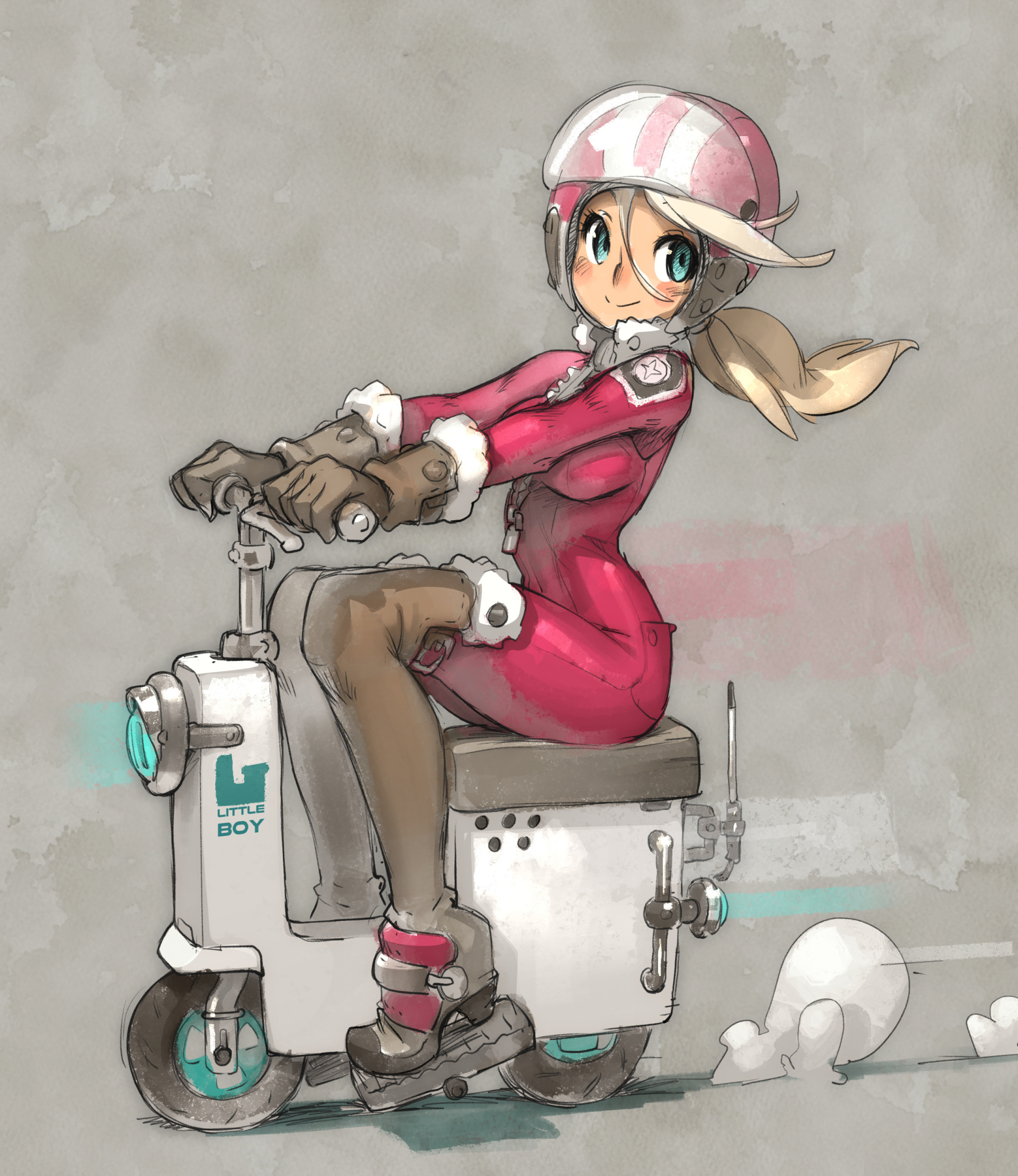this colorful cartoon drawing depicts a young woman with long blonde hair and a pink helmet driving a white scooter. the scooter is sleek and futuristic, with an antenna and a small seat. the woman is dressed in a pink suit with white fur trim and black boots. she is smiling and appears to be enjoying the ride. the background is a light gray, with subtle shading to create depth. the image is bright and cheerful, with a sense of adventure and whimsy.